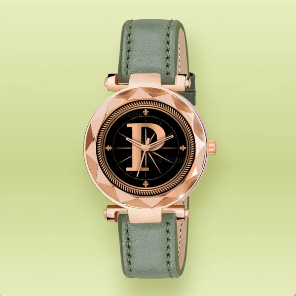 Sky_Mart_Alphabet_P_Stylish_Analog_Wrist_Watch_New_Arrival_Featuring_Classic_Round_Black_Dial_And_Green_Leather_Strap_For_Women_And_Girls