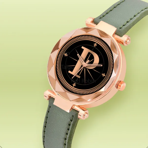 Sky_Mart_Alphabet_P_Stylish_Analog_Wrist_Watch_New_Arrival_Featuring_Classic_Round_Black_Dial_And_Green_Leather_Strap_For_Women_And_Girls