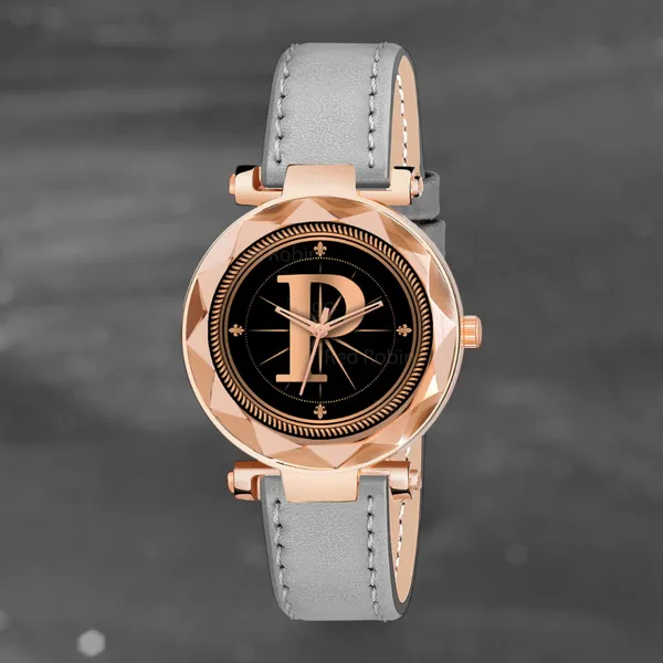 Sky_Mart_Alphabet_P_Stylish_Analog_Wrist_Watch_New_Arrival_Featuring_Classic_Round_Black_Dial_And_Grey_Leather_Strap_For_Women_And_Girls