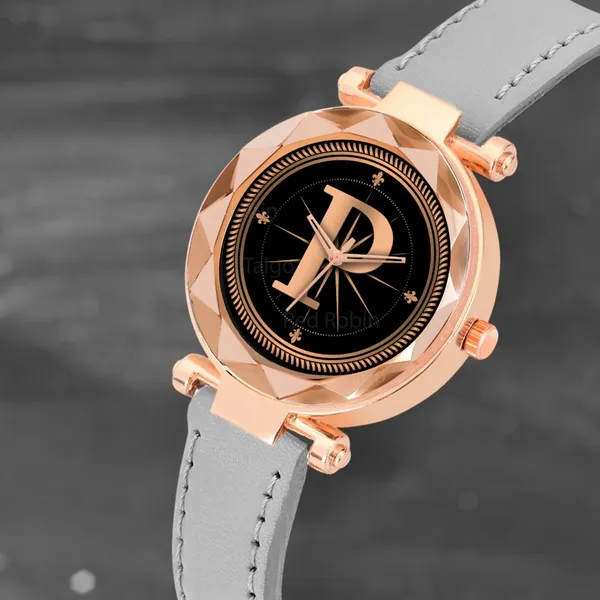 Sky_Mart_Alphabet_P_Stylish_Analog_Wrist_Watch_New_Arrival_Featuring_Classic_Round_Black_Dial_And_Grey_Leather_Strap_For_Women_And_Girls