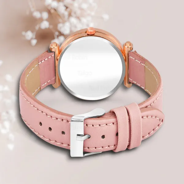 Sky_Mart_Alphabet_P_Stylish_Analog_Wrist_Watch_New_Arrival_Featuring_Classic_Round_Black_Dial_And_Peach_Leather_Strap_For_Women_And_Girls