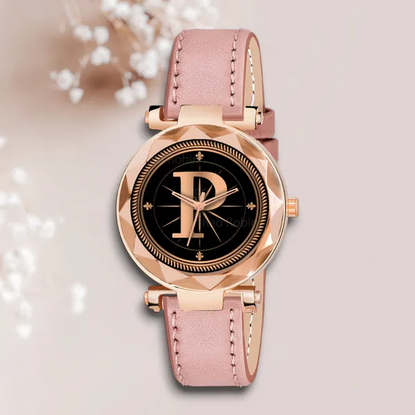 Sky_Mart_Alphabet_P_Stylish_Analog_Wrist_Watch_New_Arrival_Featuring_Classic_Round_Black_Dial_And_Peach_Leather_Strap_For_Women_And_Girls