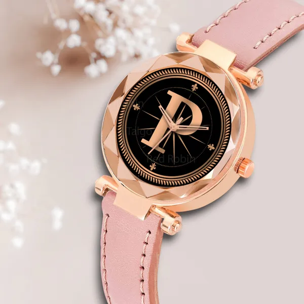 Sky_Mart_Alphabet_P_Stylish_Analog_Wrist_Watch_New_Arrival_Featuring_Classic_Round_Black_Dial_And_Peach_Leather_Strap_For_Women_And_Girls