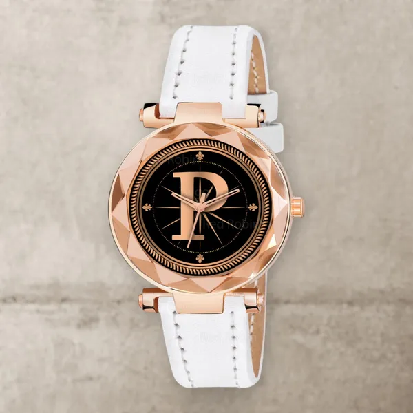 Sky_Mart_Alphabet_P_Stylish_Analog_Wrist_Watch_New_Arrival_Featuring_Classic_Round_Black_Dial_And_White_Leather_Strap_For_Women_And_Girls