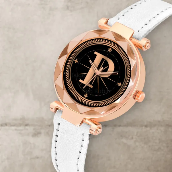 Sky_Mart_Alphabet_P_Stylish_Analog_Wrist_Watch_New_Arrival_Featuring_Classic_Round_Black_Dial_And_White_Leather_Strap_For_Women_And_Girls