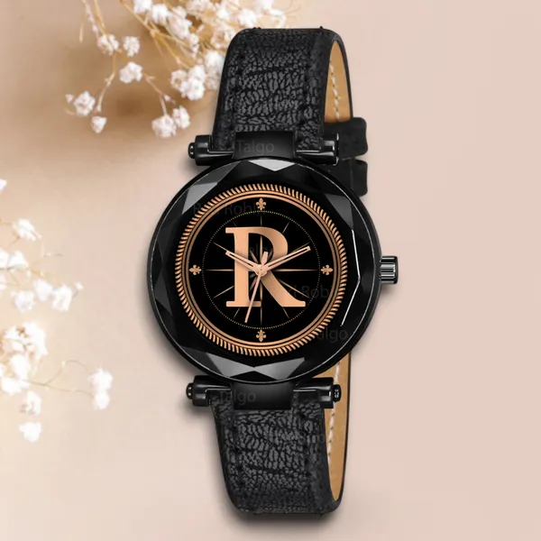 Sky_Mart_Alphabet_R_New_Arrival_Trendy_Analog_Wrist_Watch_Classic_Black_Dial_With_Stylish_Black_Leather_Strap_For_Women_And_Girls