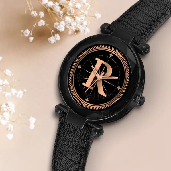 Sky_Mart_Alphabet_R_New_Arrival_Trendy_Analog_Wrist_Watch_Classic_Black_Dial_With_Stylish_Black_Leather_Strap_For_Women_And_Girls