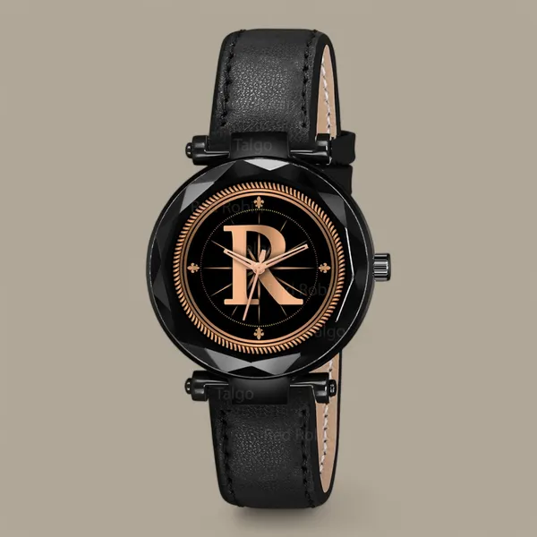 Sky_Mart_Alphabet_R_New_Arrival_Trendy_Analog_Wrist_Watch_Classic_Black_Dial_With_Stylish_Black_Leather_Strap_For_Women_And_Girls