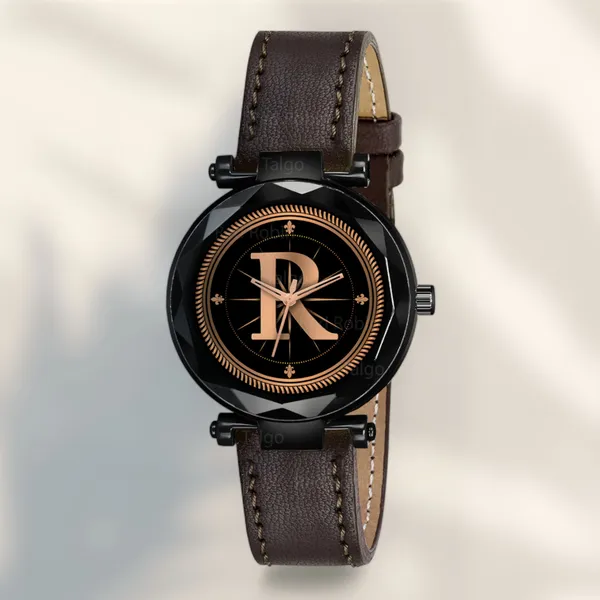 Sky_Mart_Alphabet_R_New_Arrival_Trendy_Analog_Wrist_Watch_Classic_Black_Dial_With_Stylish_Brown_Leather_Strap_For_Women_And_Girls