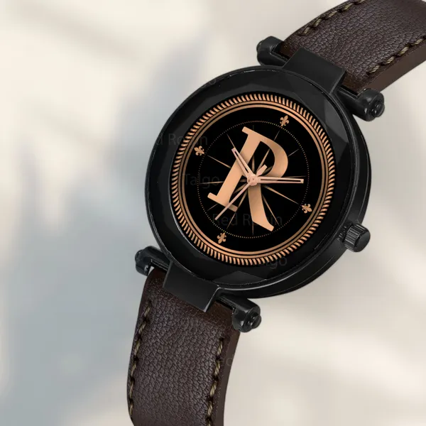 Sky_Mart_Alphabet_R_New_Arrival_Trendy_Analog_Wrist_Watch_Classic_Black_Dial_With_Stylish_Brown_Leather_Strap_For_Women_And_Girls