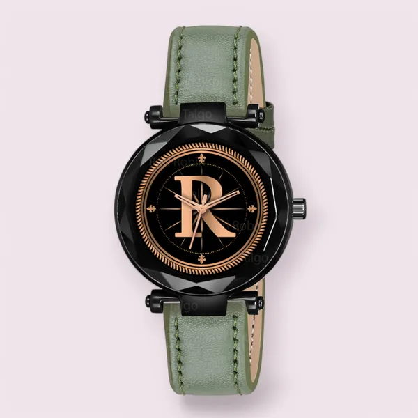 Sky_Mart_Alphabet_R_New_Arrival_Trendy_Analog_Wrist_Watch_Classic_Black_Dial_With_Stylish_Green_Leather_Strap_For_Women_And_Girls