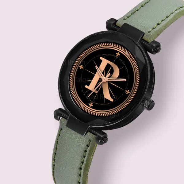 Sky_Mart_Alphabet_R_New_Arrival_Trendy_Analog_Wrist_Watch_Classic_Black_Dial_With_Stylish_Green_Leather_Strap_For_Women_And_Girls