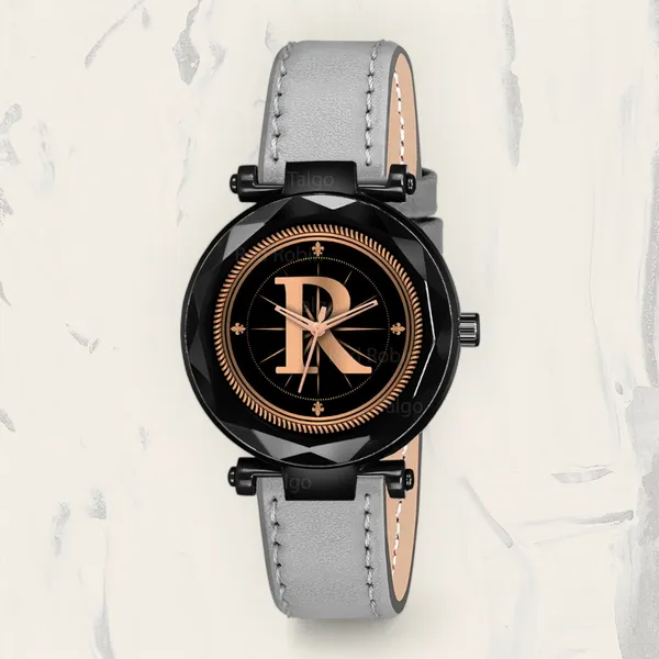 Sky_Mart_Alphabet_R_New_Arrival_Trendy_Analog_Wrist_Watch_Classic_Black_Dial_With_Stylish_Grey_Leather_Strap_For_Women_And_Girls