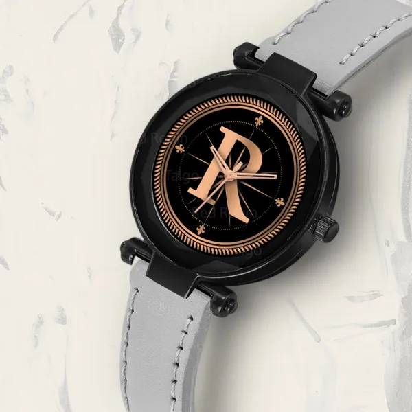 Sky_Mart_Alphabet_R_New_Arrival_Trendy_Analog_Wrist_Watch_Classic_Black_Dial_With_Stylish_Grey_Leather_Strap_For_Women_And_Girls