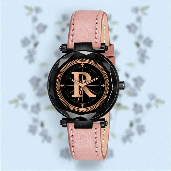 Sky_Mart_Alphabet_R_New_Arrival_Trendy_Analog_Wrist_Watch_Classic_Black_Dial_With_Stylish_Peach_Leather_Strap_For_Women_And_Girls