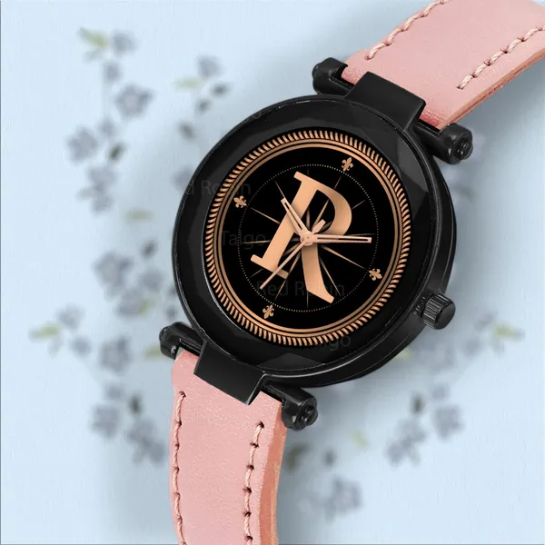 Sky_Mart_Alphabet_R_New_Arrival_Trendy_Analog_Wrist_Watch_Classic_Black_Dial_With_Stylish_Peach_Leather_Strap_For_Women_And_Girls