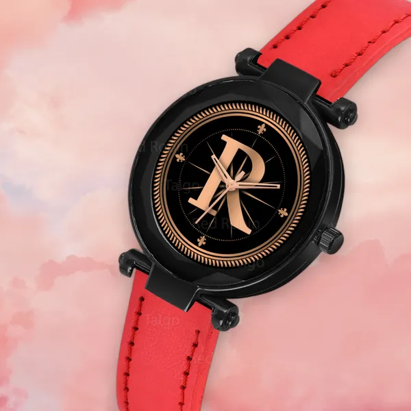 Sky_Mart_Alphabet_R_New_Arrival_Trendy_Analog_Wrist_Watch_Classic_Black_Dial_With_Stylish_Red_Leather_Strap_For_Women_And_Girls