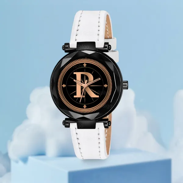 Sky_Mart_Alphabet_R_New_Arrival_Trendy_Analog_Wrist_Watch_Classic_Black_Dial_With_Stylish_White_Leather_Strap_For_Women_And_Girls