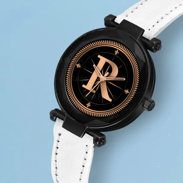 Sky_Mart_Alphabet_R_New_Arrival_Trendy_Analog_Wrist_Watch_Classic_Black_Dial_With_Stylish_White_Leather_Strap_For_Women_And_Girls