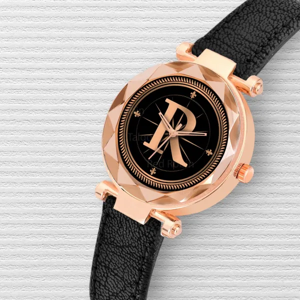 Sky_Mart_Alphabet_R_New_Arrival_Trendy_Analog_Wrist_Watch_Classic_Black_Dial_With_Stylish_Black_Leather_Strap_For_Women_And_Girls
