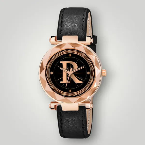 Sky_Mart_Alphabet_R_New_Arrival_Trendy_Analog_Wrist_Watch_Classic_Black_Dial_With_Stylish_Black_Leather_Strap_For_Women_And_Girls