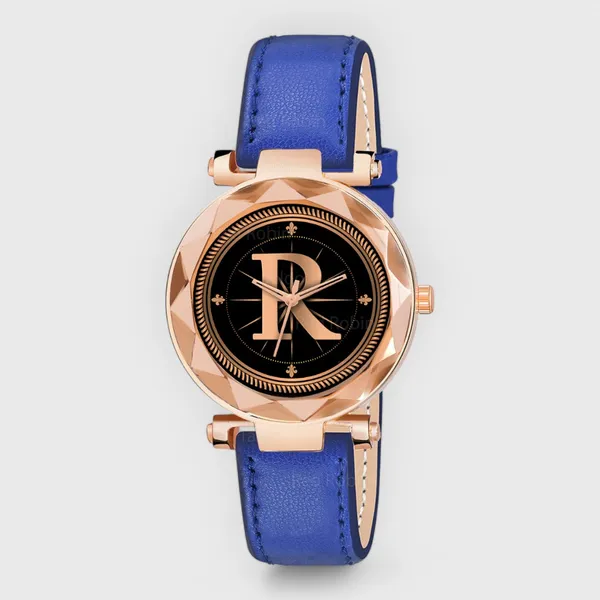 Sky_Mart_Alphabet_R_New_Arrival_Trendy_Analog_Wrist_Watch_Classic_Black_Dial_With_Stylish_Blue_Leather_Strap_For_Women_And_Girls