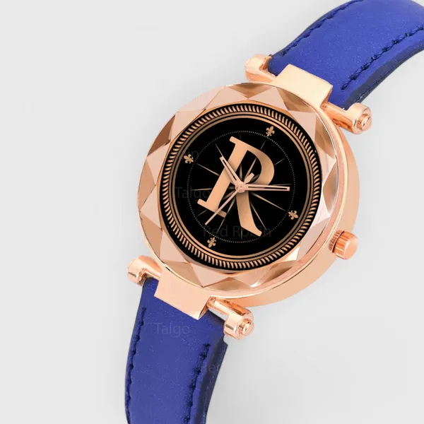 Sky_Mart_Alphabet_R_New_Arrival_Trendy_Analog_Wrist_Watch_Classic_Black_Dial_With_Stylish_Blue_Leather_Strap_For_Women_And_Girls