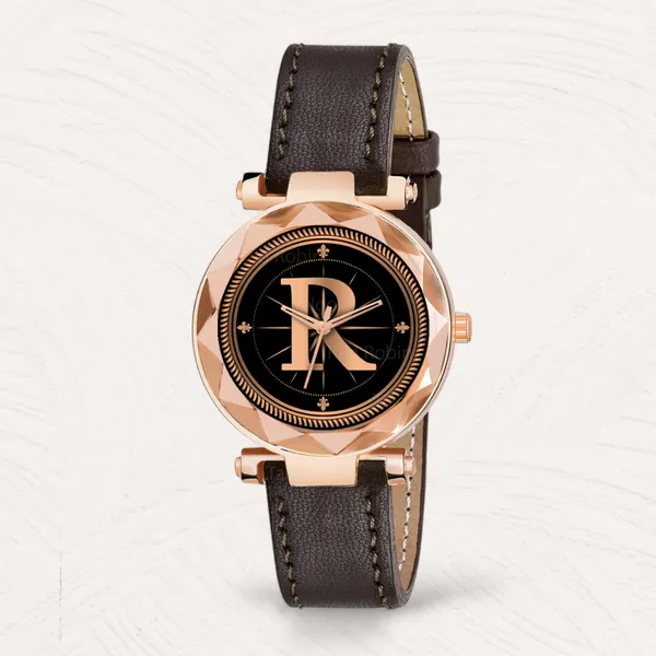 Sky_Mart_Alphabet_R_New_Arrival_Trendy_Analog_Wrist_Watch_Classic_Black_Dial_With_Stylish_Brown_Leather_Strap_For_Women_And_Girls