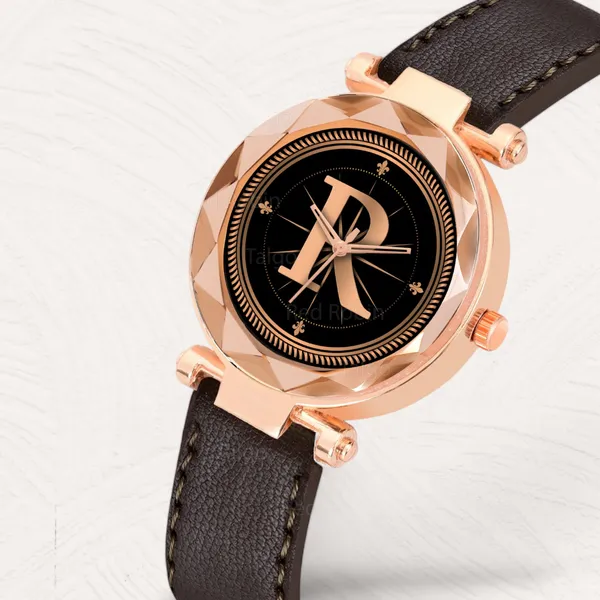 Sky_Mart_Alphabet_R_New_Arrival_Trendy_Analog_Wrist_Watch_Classic_Black_Dial_With_Stylish_Brown_Leather_Strap_For_Women_And_Girls