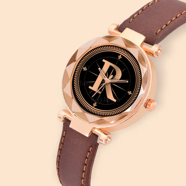Sky_Mart_Alphabet_R_New_Arrival_Trendy_Analog_Wrist_Watch_Classic_Black_Dial_With_Stylish_Brown_Leather_Strap_For_Women_And_Girls