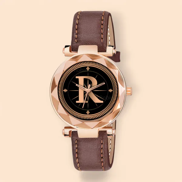 Sky_Mart_Alphabet_R_New_Arrival_Trendy_Analog_Wrist_Watch_Classic_Black_Dial_With_Stylish_Brown_Leather_Strap_For_Women_And_Girls