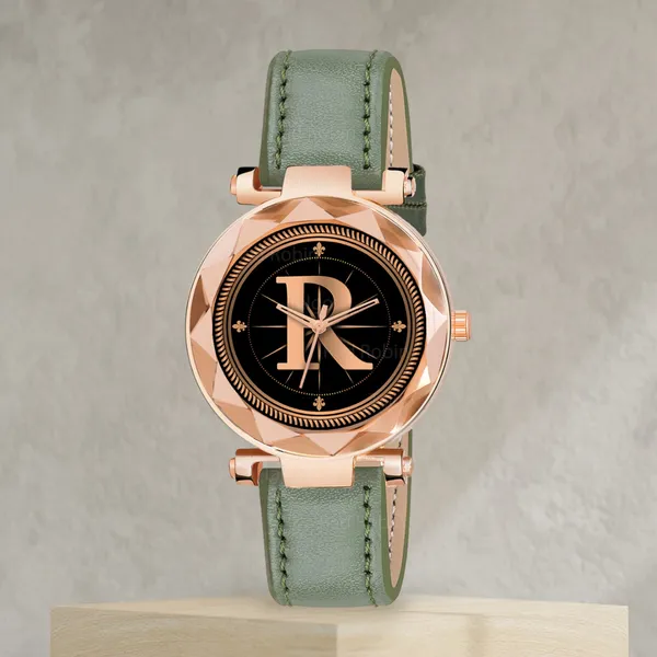 Sky_Mart_Alphabet_R_New_Arrival_Trendy_Analog_Wrist_Watch_Classic_Black_Dial_With_Stylish_Green_Leather_Strap_For_Women_And_Girls