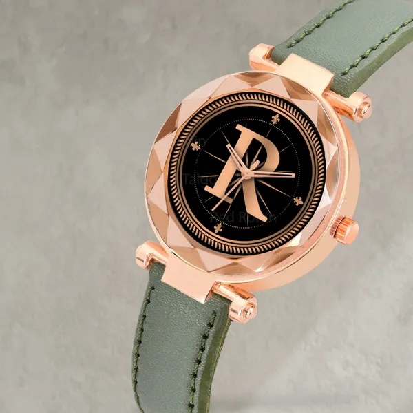 Sky_Mart_Alphabet_R_New_Arrival_Trendy_Analog_Wrist_Watch_Classic_Black_Dial_With_Stylish_Green_Leather_Strap_For_Women_And_Girls