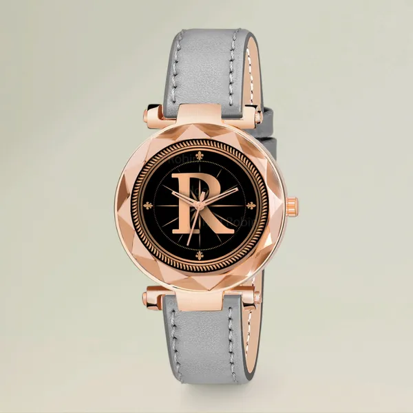 Sky_Mart_Alphabet_R_New_Arrival_Trendy_Analog_Wrist_Watch_Classic_Black_Dial_With_Stylish_Grey_Leather_Strap_For_Women_And_Girls