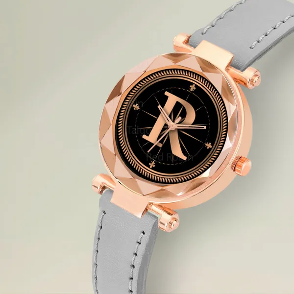 Sky_Mart_Alphabet_R_New_Arrival_Trendy_Analog_Wrist_Watch_Classic_Black_Dial_With_Stylish_Grey_Leather_Strap_For_Women_And_Girls