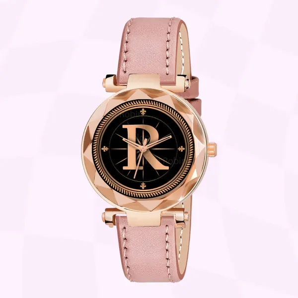Sky_Mart_Alphabet_R_New_Arrival_Trendy_Analog_Wrist_Watch_Classic_Black_Dial_With_Stylish_Peach_Leather_Strap_For_Women_And_Girls