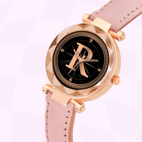 Sky_Mart_Alphabet_R_New_Arrival_Trendy_Analog_Wrist_Watch_Classic_Black_Dial_With_Stylish_Peach_Leather_Strap_For_Women_And_Girls