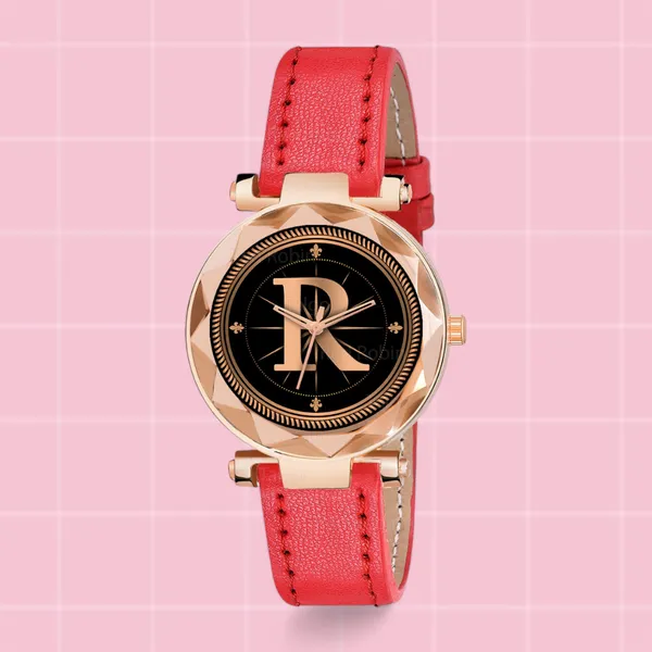 Sky_Mart_Alphabet_R_New_Arrival_Trendy_Analog_Wrist_Watch_Classic_Black_Dial_With_Stylish_Red_Leather_Strap_For_Women_And_Girls
