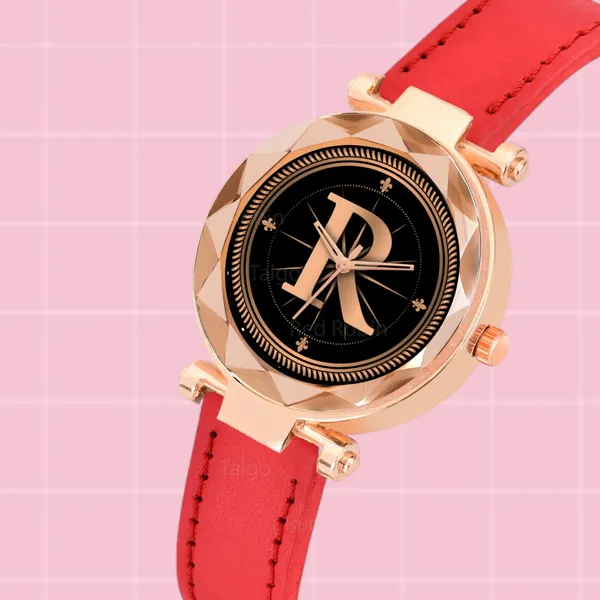 Sky_Mart_Alphabet_R_New_Arrival_Trendy_Analog_Wrist_Watch_Classic_Black_Dial_With_Stylish_Red_Leather_Strap_For_Women_And_Girls