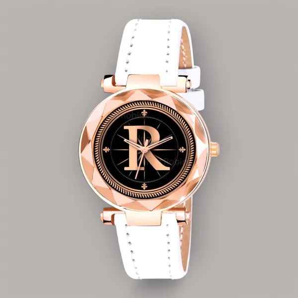 Sky_Mart_Alphabet_R_New_Arrival_Trendy_Analog_Wrist_Watch_Classic_Black_Dial_With_Stylish_White_Leather_Strap_For_Women_And_Girls