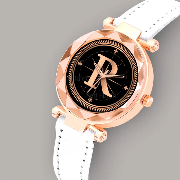 Sky_Mart_Alphabet_R_New_Arrival_Trendy_Analog_Wrist_Watch_Classic_Black_Dial_With_Stylish_White_Leather_Strap_For_Women_And_Girls