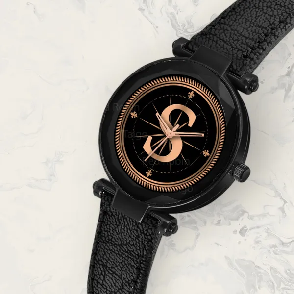 Sky_Mart_Alphabet_S_Classic_Analog_Wrist_Watch_For_Women_And_Girls_New_Arrival_With_Stylish_Black_Dial_And_Black_Leather_Strap