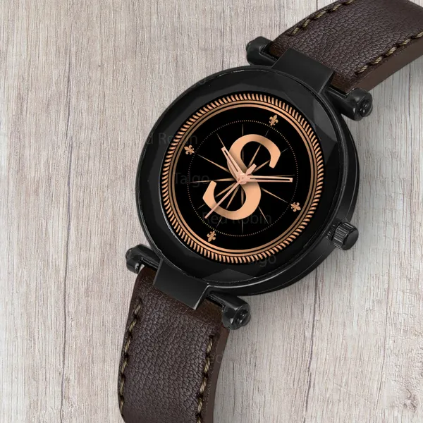 Sky_Mart_Alphabet_S_Classic_Analog_Wrist_Watch_For_Women_And_Girls_New_Arrival_With_Stylish_Black_Dial_And_Brown_Leather_Strap