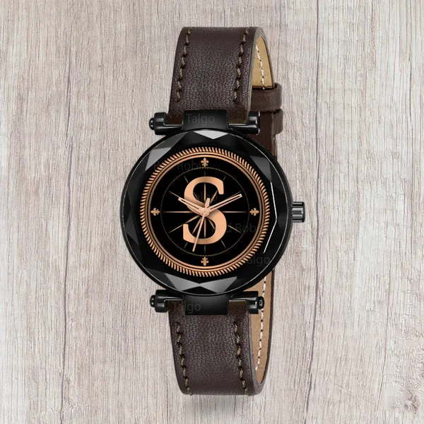 Sky_Mart_Alphabet_S_Classic_Analog_Wrist_Watch_For_Women_And_Girls_New_Arrival_With_Stylish_Black_Dial_And_Brown_Leather_Strap