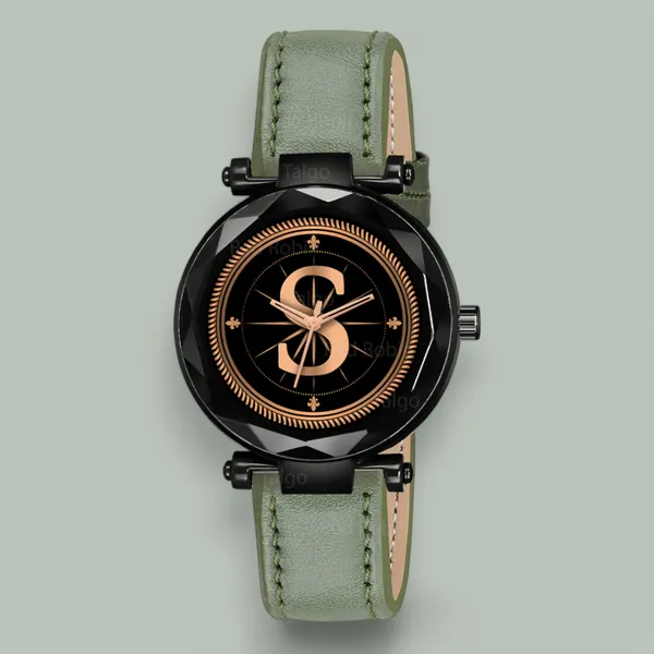 Sky_Mart_Alphabet_S_Classic_Analog_Wrist_Watch_For_Women_And_Girls_New_Arrival_With_Stylish_Black_Dial_And_Green_Leather_Strap