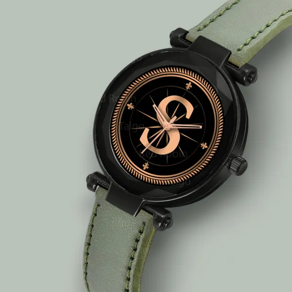 Sky_Mart_Alphabet_S_Classic_Analog_Wrist_Watch_For_Women_And_Girls_New_Arrival_With_Stylish_Black_Dial_And_Green_Leather_Strap