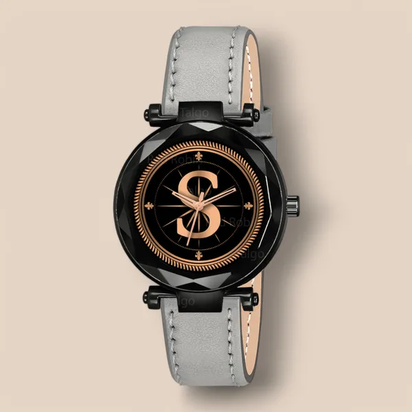 Sky_Mart_Alphabet_S_Classic_Analog_Wrist_Watch_For_Women_And_Girls_New_Arrival_With_Stylish_Black_Dial_And_Grey_Leather_Strap