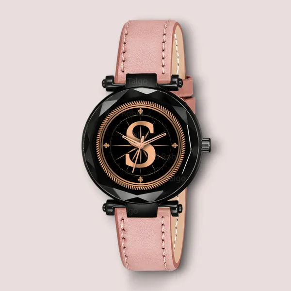 Sky_Mart_Alphabet_S_Classic_Analog_Wrist_Watch_For_Women_And_Girls_New_Arrival_With_Stylish_Black_Dial_And_Peach_Leather_Strap