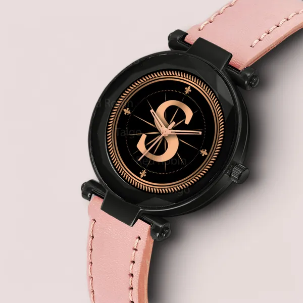 Sky_Mart_Alphabet_S_Classic_Analog_Wrist_Watch_For_Women_And_Girls_New_Arrival_With_Stylish_Black_Dial_And_Peach_Leather_Strap