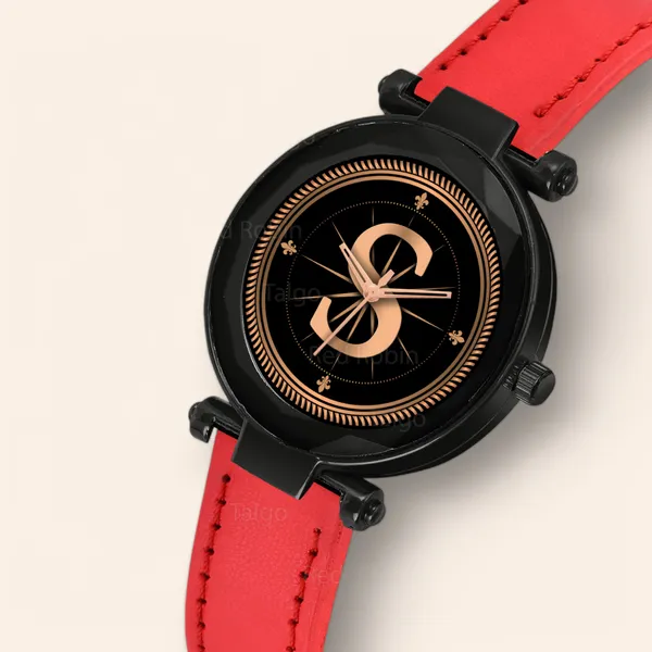 Sky_Mart_Alphabet_S_Classic_Analog_Wrist_Watch_For_Women_And_Girls_New_Arrival_With_Stylish_Black_Dial_And_Red_Leather_Strap